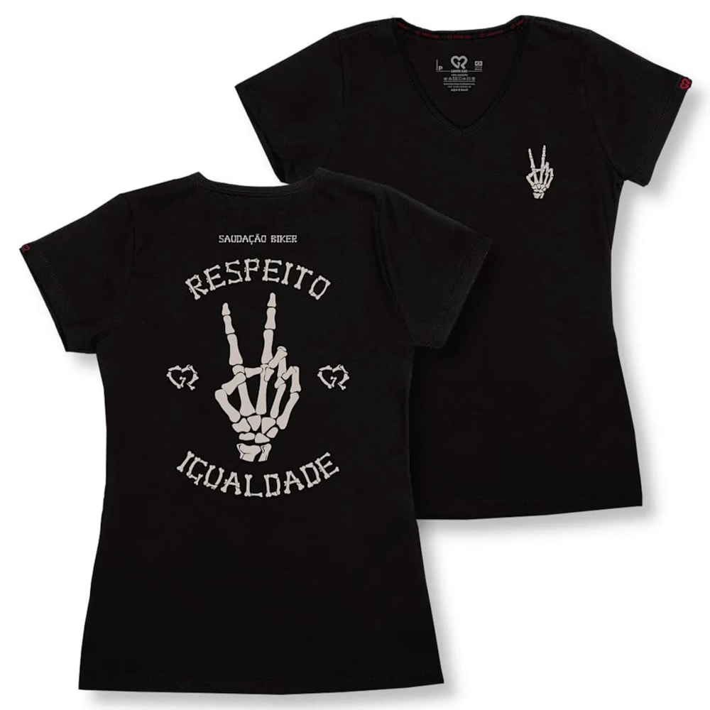 Camiseta SR Feminino Baby Look Gola V Gr Strong Saudacao Biker